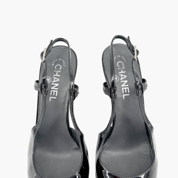 Chanel Cap Toe Slingback Pump Size 38.5 US 7.5-8 Black Patent Platform High Heel - Picture 4 of 14